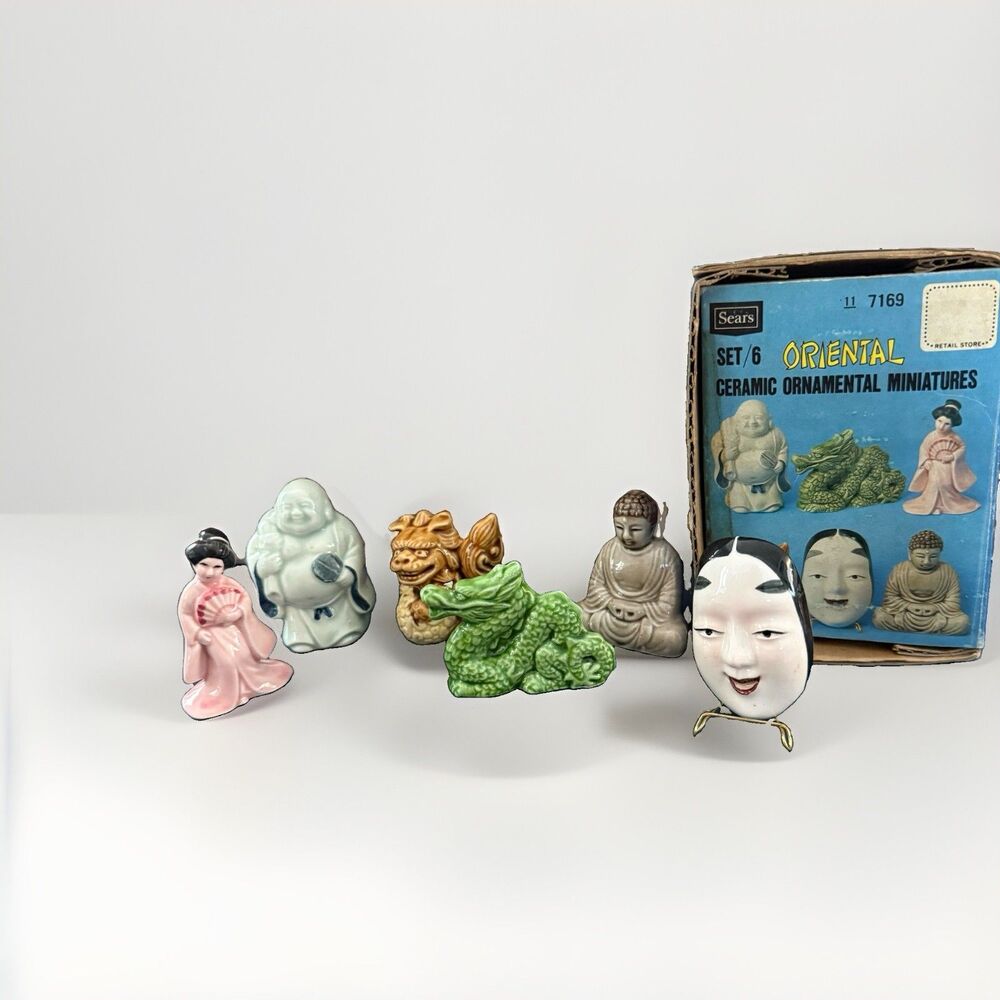 Vintage Sears Oriental Ceramic Ornamental Miniatures Set Of 6 Buddha Dragon Box
